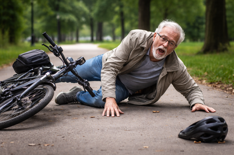 Pad umirovljenik bicikl starija osoba promet AI ilustracija Pad umirovljenik bicikl starija osoba promet AI ilustracija