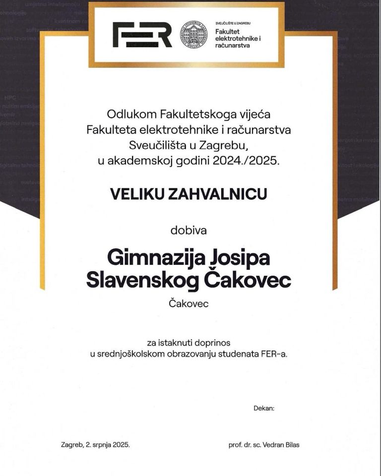 Ravnateljica Sandra Breka-Ovčar primila priznanje FER-a u ime čakovečke gimnazije (3)