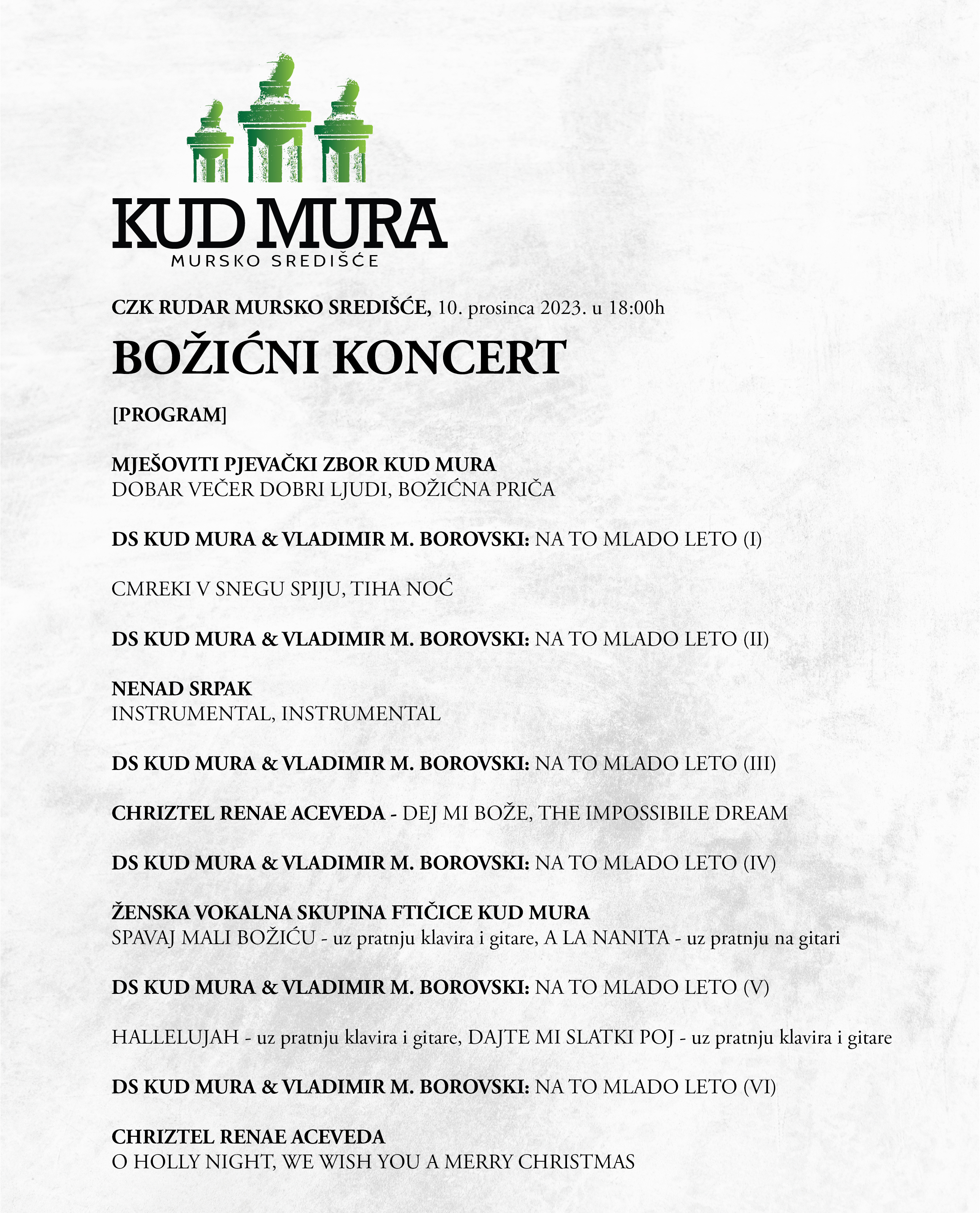 BOŽIĆNI KONCERT U CZK RUDAR Očekuju vas KUD Mura i zanimljivi gosti