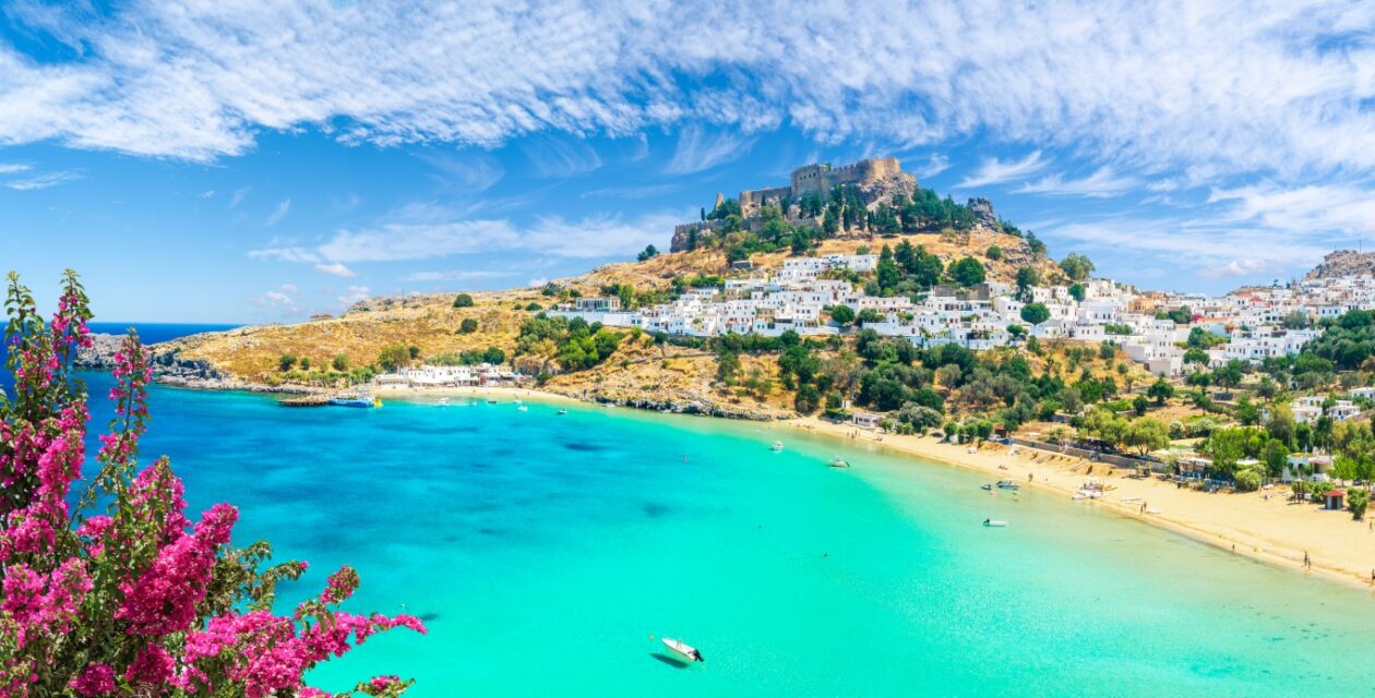 Landscape,With,Beach,And,Castle,At,Lindos,Village,Of,Rhodes, Landscape,With,Beach,And,Castle,At,Lindos,Village,Of,Rhodes,